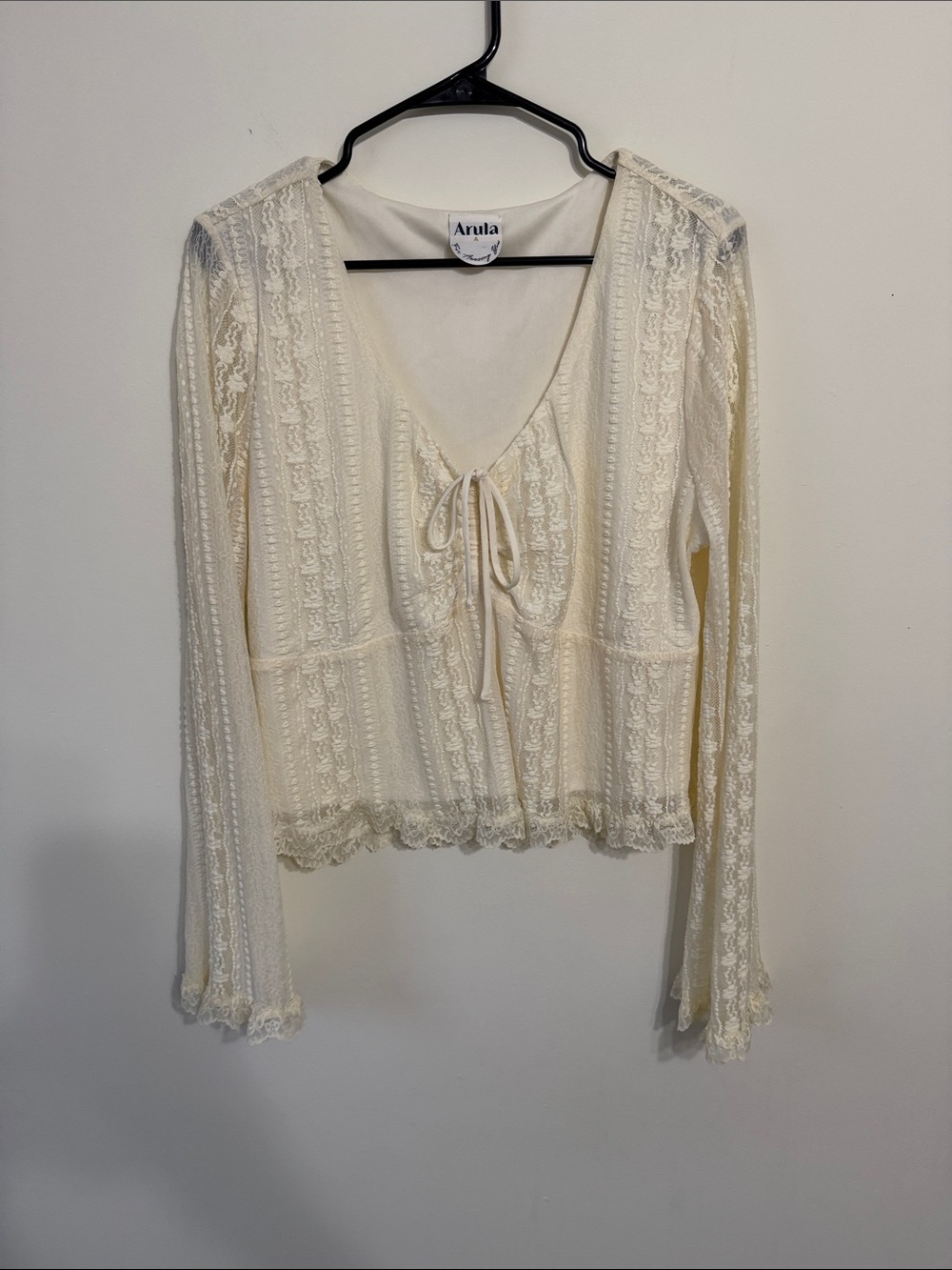 ARULA Cream Lace-Detail Tie-Front Long Sleeve Blouse